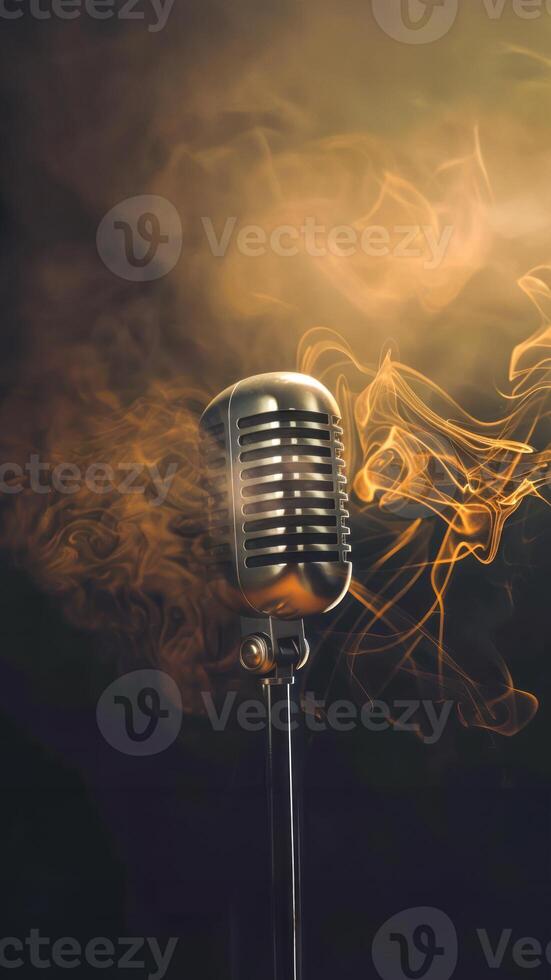 Microphone with golden smoke and musical notes on dark background. Concept of podcast, live music, jazz vibes, and retro performance. Perfect for concert posters, music events, and artistic branding photo