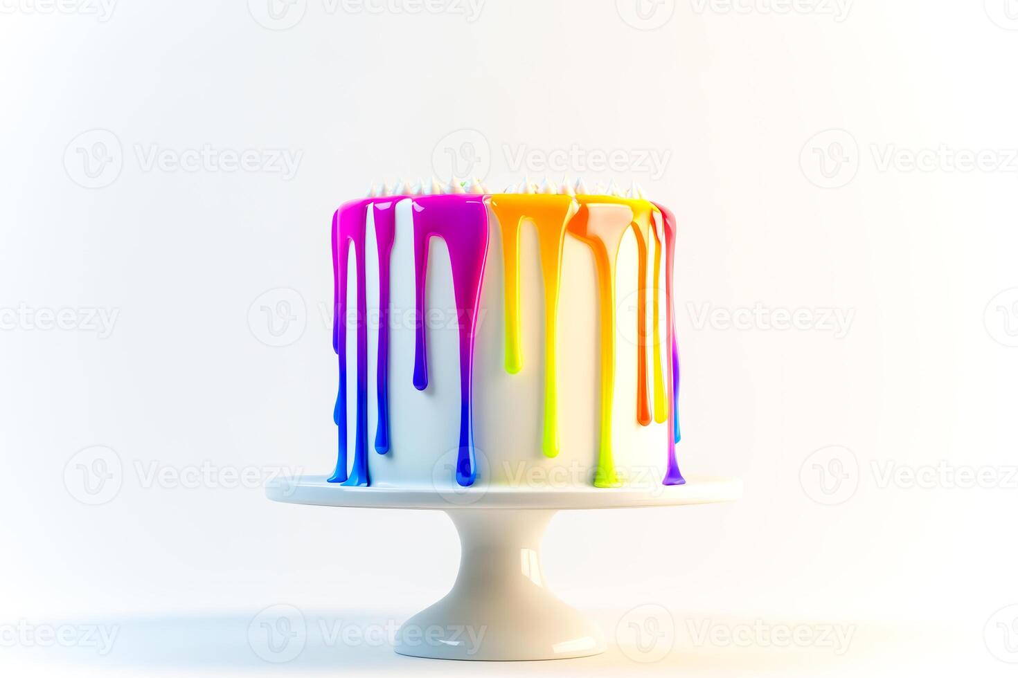 White holiday cake with vibrant rainbow glaze drips on elegant stand photo