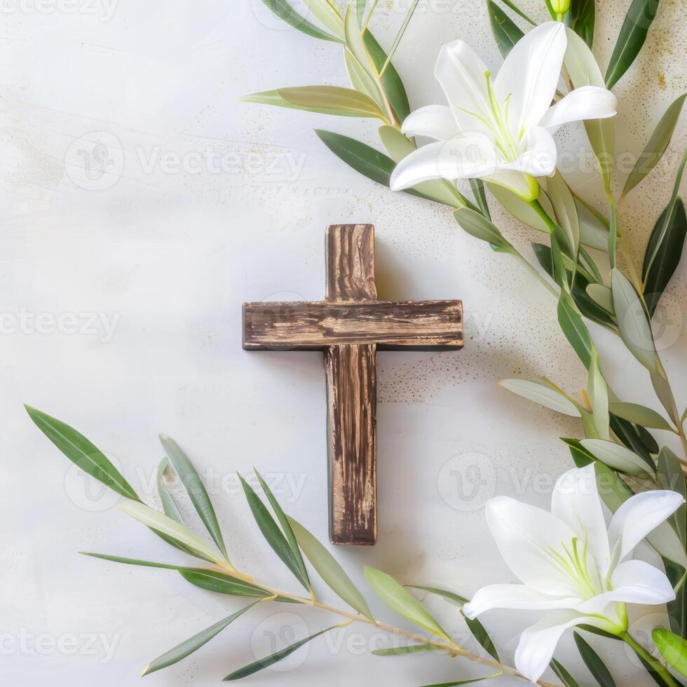 Religion composition with wooden cross with white lilies and olive branches on soft, textured background. Serene and spiritual composition, perfect for Easter, faith, and religious holidays photo