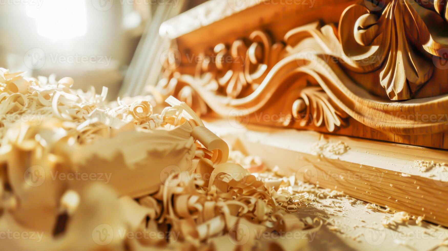 Intricate wood carving with detailed ornamentation and fresh wood shavings in warm sunlight photo
