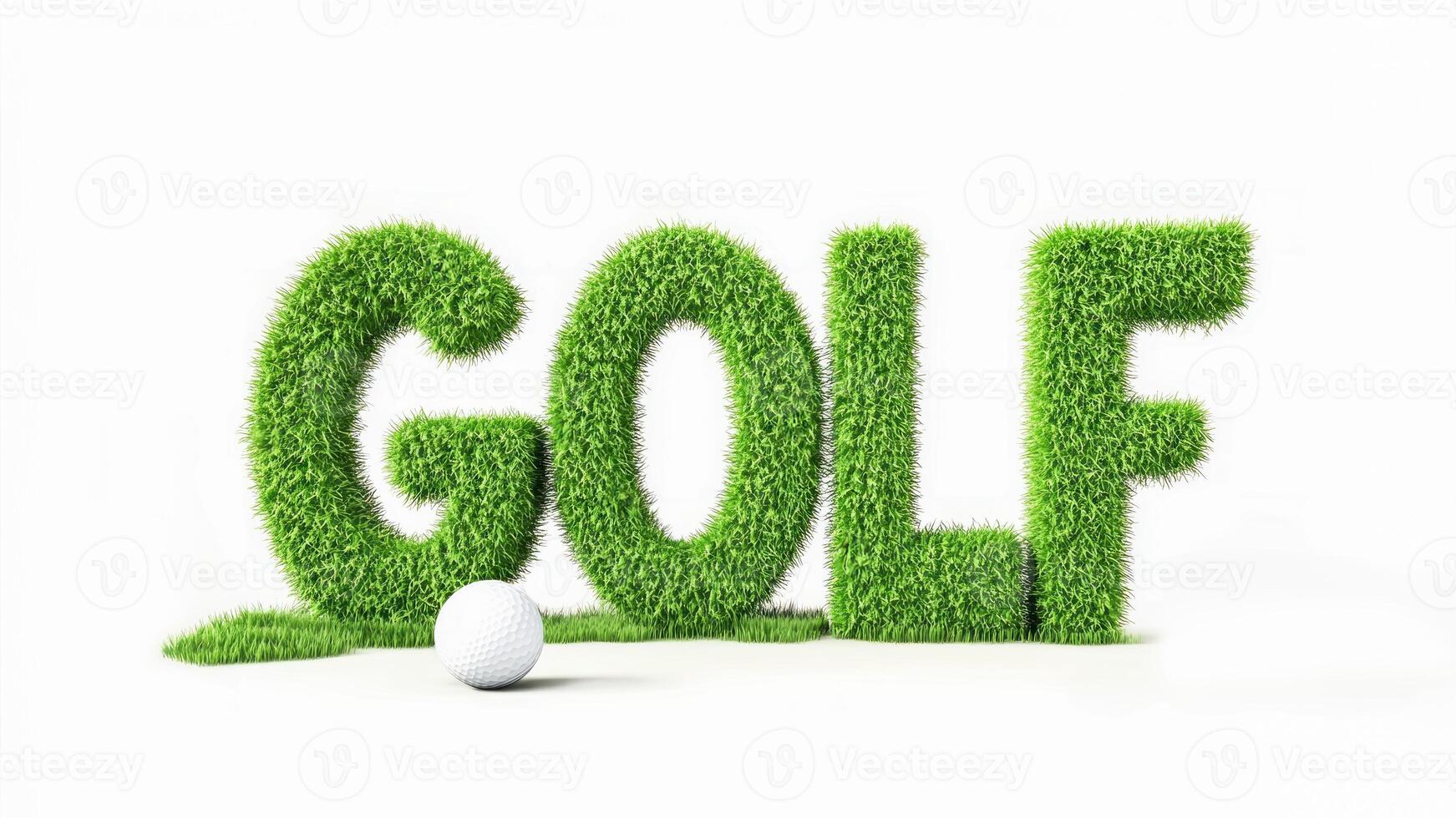 Grass green GOLF text on artificial grass with white golf ball, set against white background photo