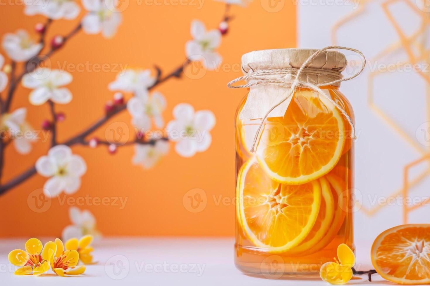 Jar of honey-fermented oranges with citrus slices. Concept of natural fermentation, probiotic benefits, and homemade wellness. Perfect for organic food branding and healthy lifestyle visuals photo