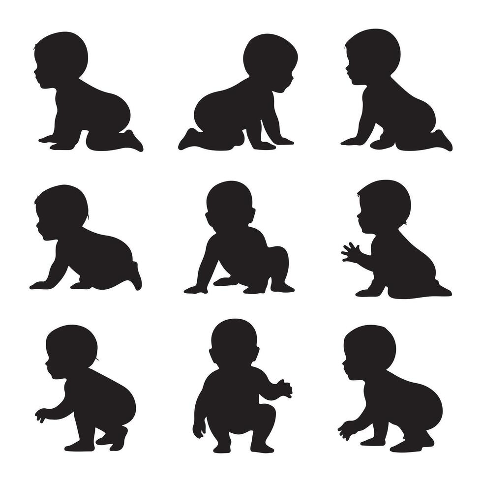 Baby Silhouettes in Various Poses Representing Different Stage vector