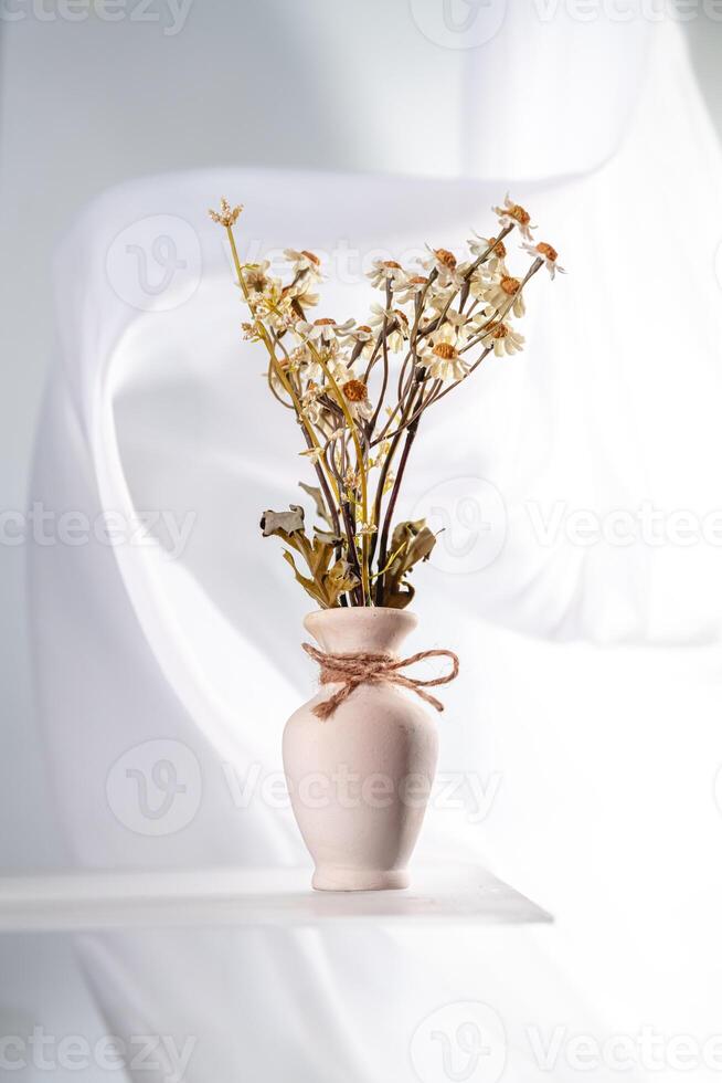 Dried daisy flowers arranged in a simple vase with a white background and soft draping fabric create a serene and elegant still life composition, emphasizing natural beauty and simplicity photo