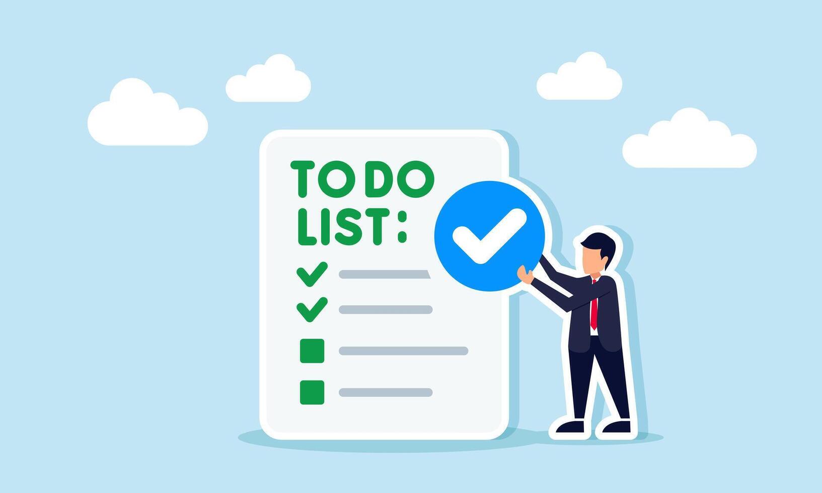 Businessman carrying a check mark next to a checklist paper, illustration of business task validation and verification vector