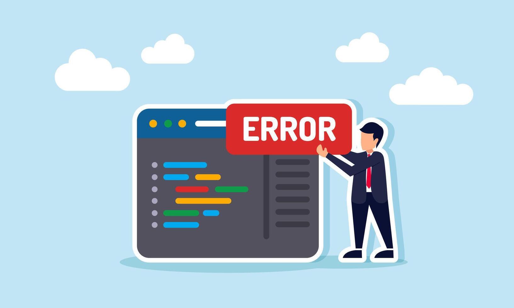 businessman carrying an error label beside a programming app interface, illustration of a company online digitalization system that is malfunctioning or not working vector