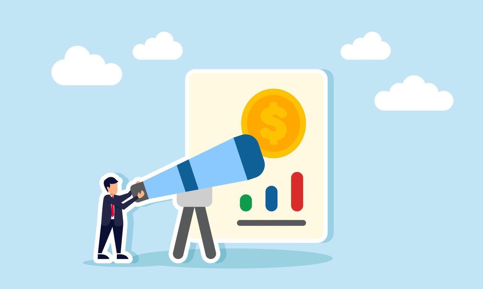 businessman looking through a telescope at a document with a dollar coin symbol and a chart, illustration of monitoring and analyzing company financial reports vector