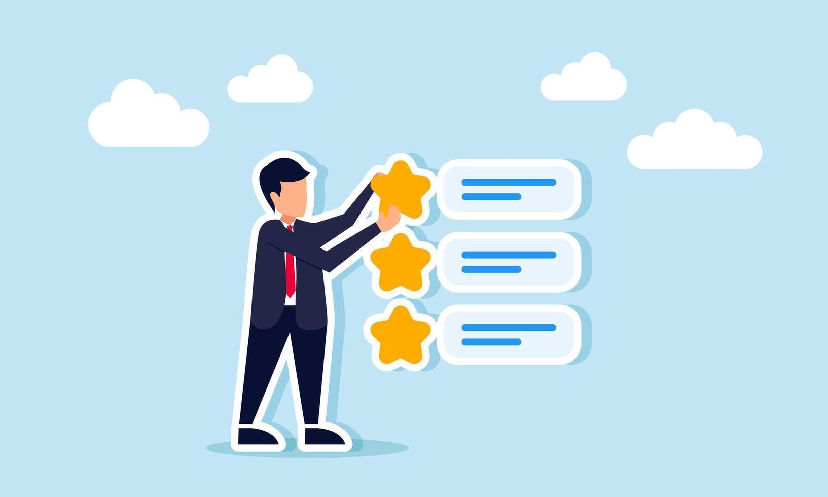 businessman placing a star on a list of several stars, illustration of customer satisfaction level with business performance vector