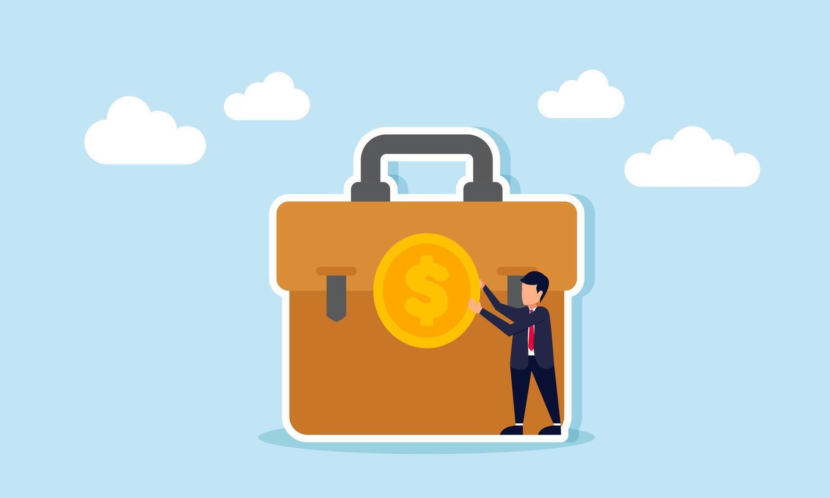 businessman placing a dollar coin into a briefcase, illustration of profit-oriented mindset in running and working in a business vector