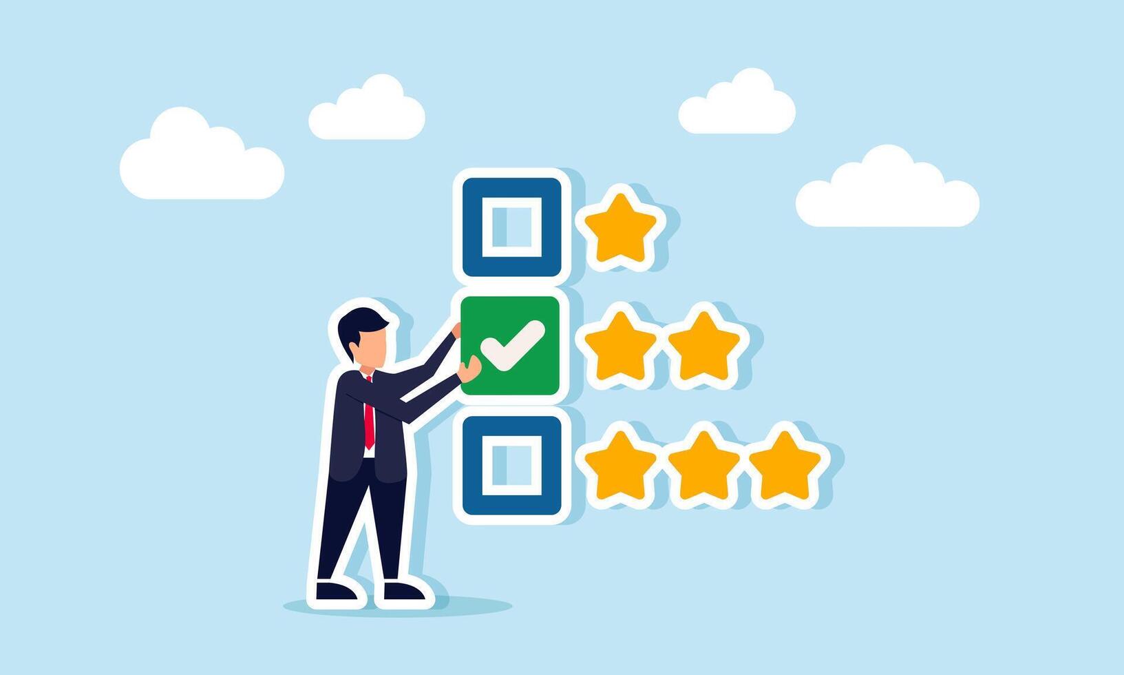 businessman giving a check mark to the second star from a list of stars, illustration of evaluating business service and product performance vector