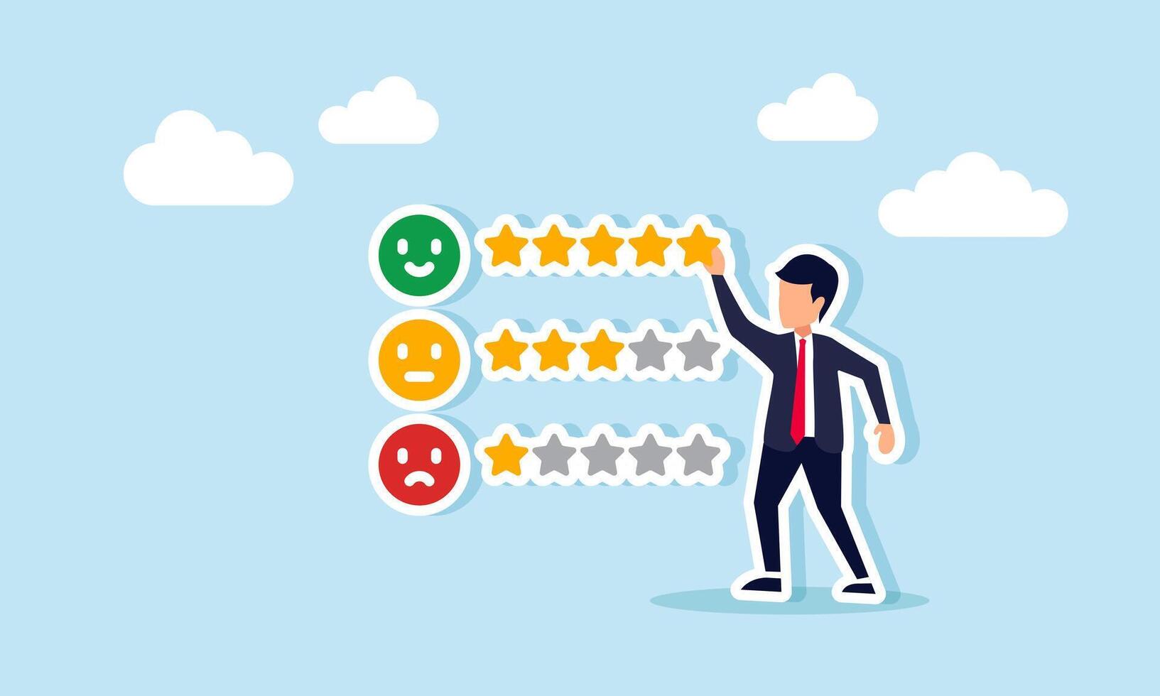 Businessman placing a star to complete five stars on a satisfaction level list, illustration of business performance satisfaction rating vector