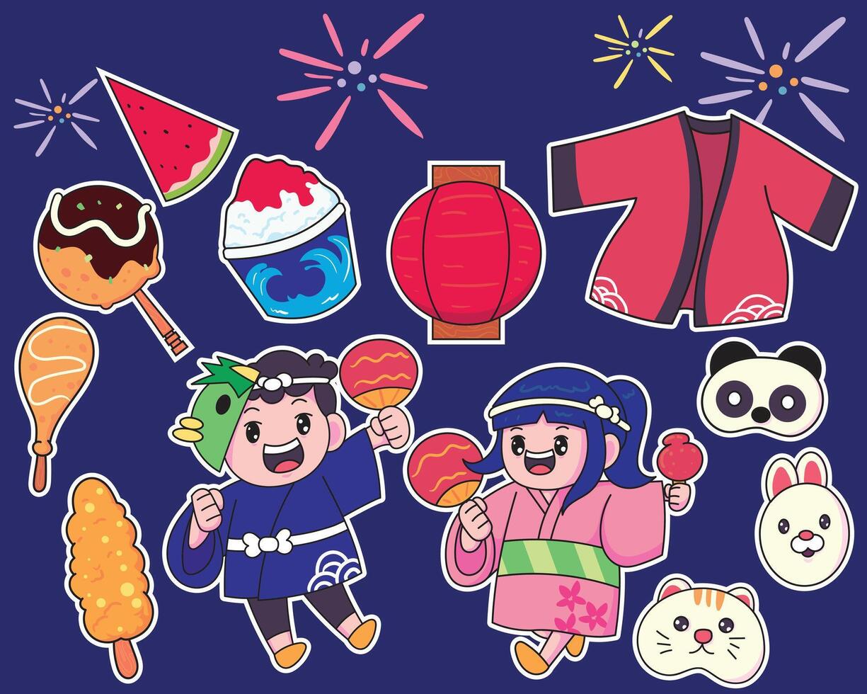Cute characters in kimono with masks, food, and decor celebrating a joyful Japanese summer festival sett vector