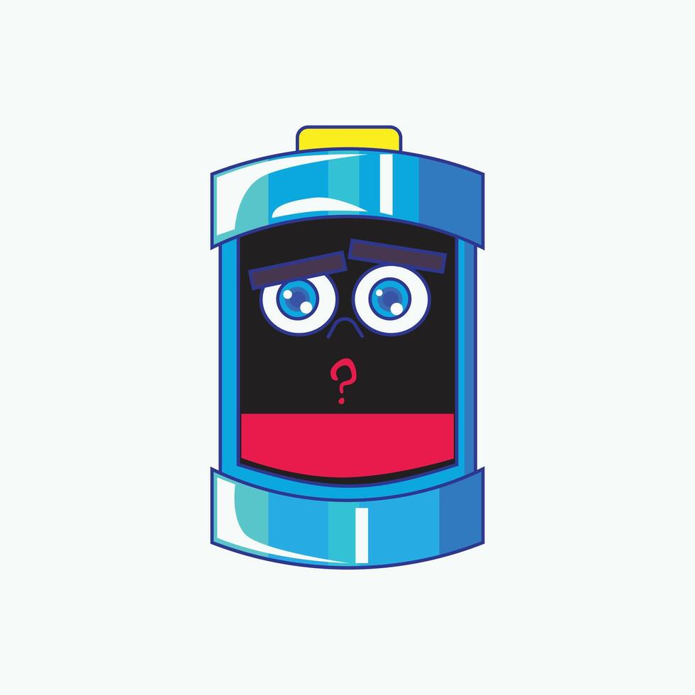 Sad cartoon battery character with low energy inside, showing weak power and tired expression vector