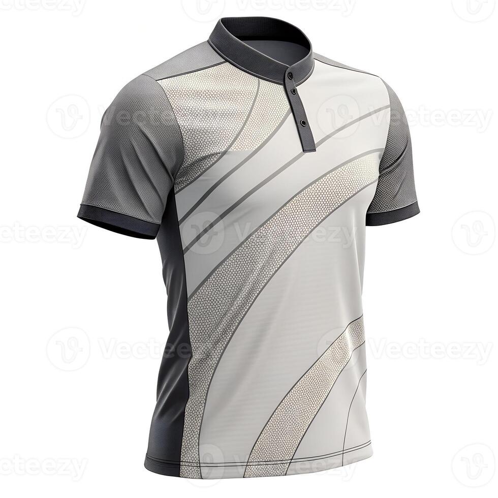 A men's grey and white polo shirt with a black and white design photo