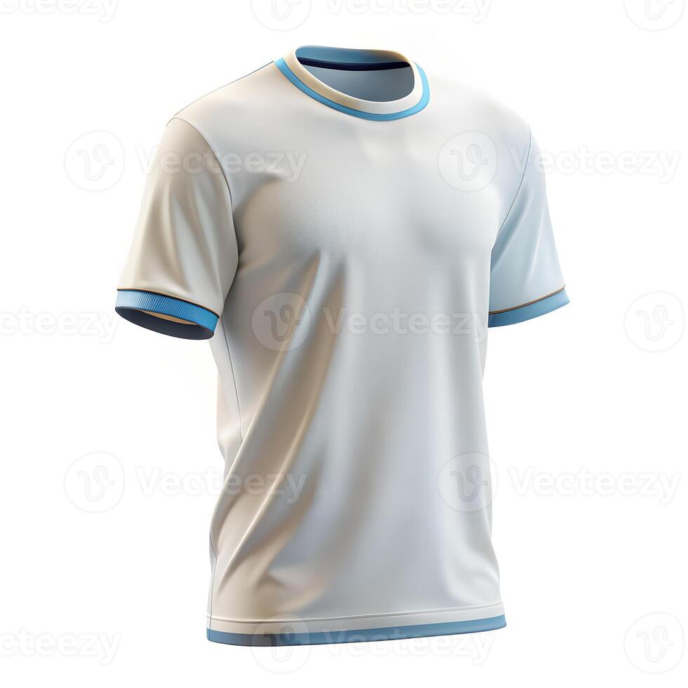 A white soccer jersey with blue trimming photo