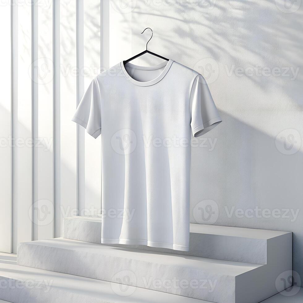 White t - shirt hanging on a hanger in front of a white wall photo