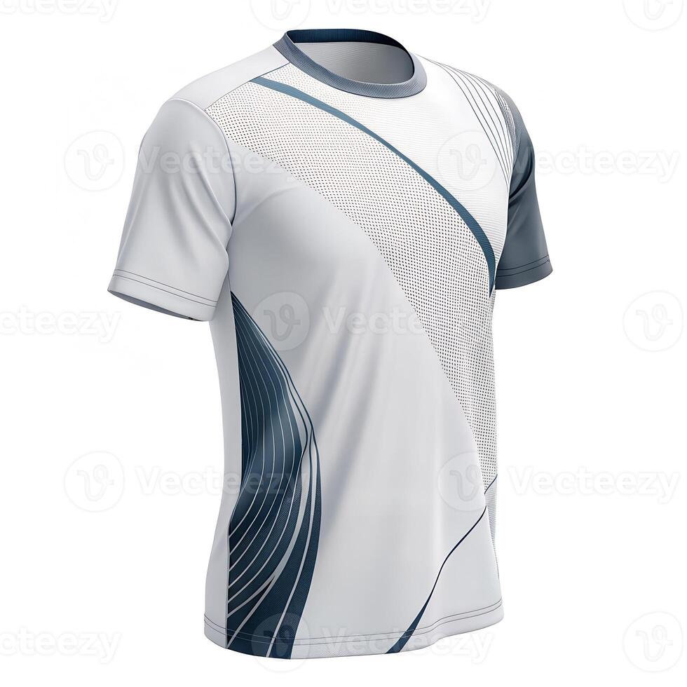 A white and blue t - shirt with a design on the front photo