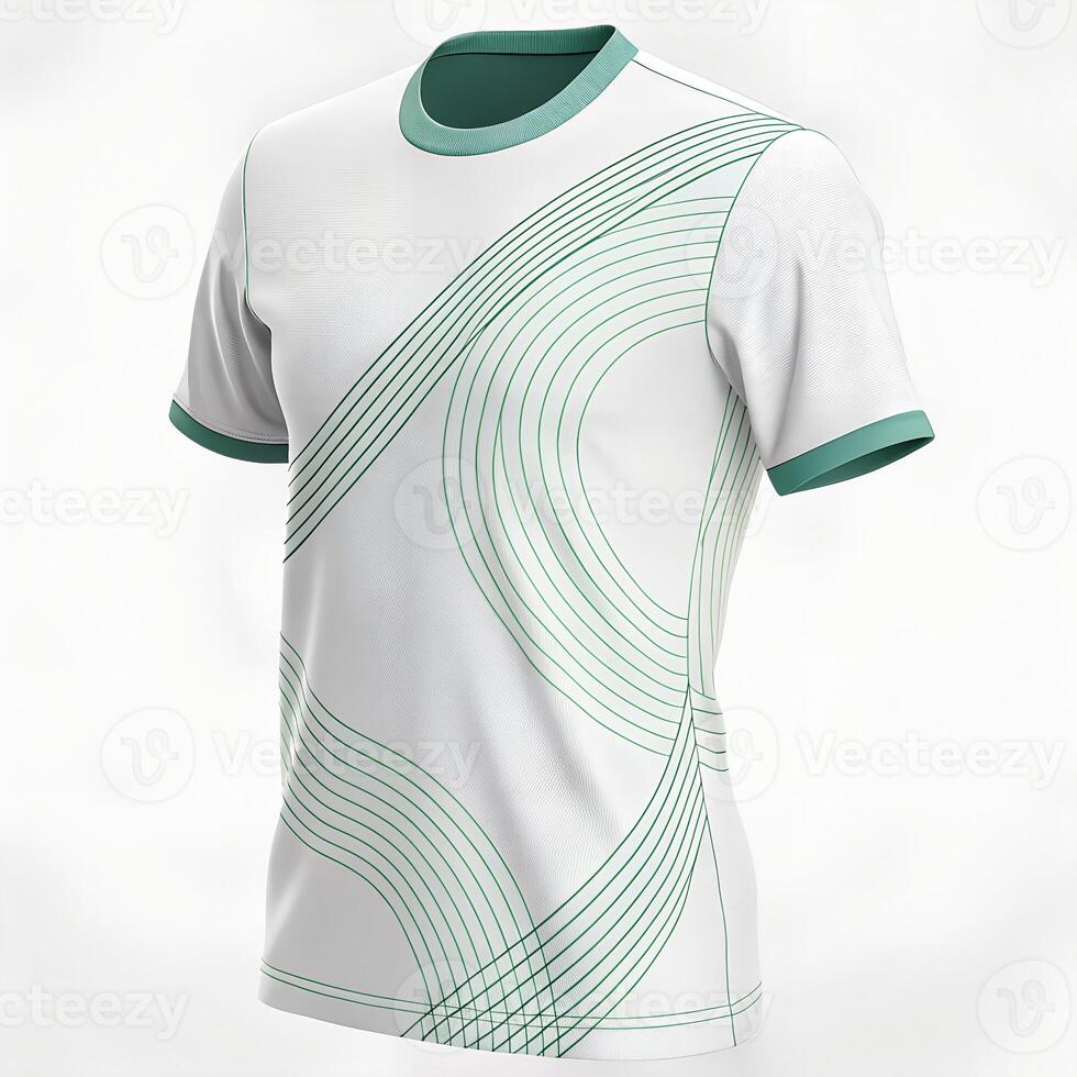 A white and green soccer jersey with a design photo