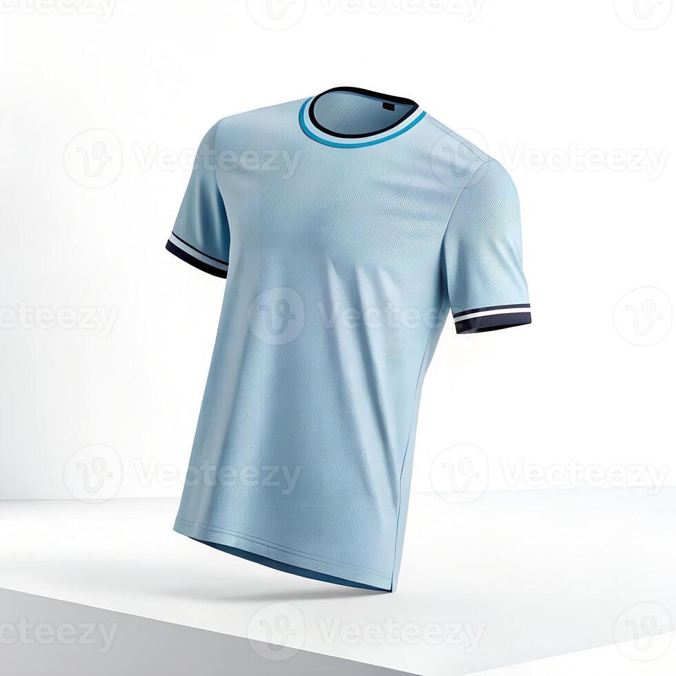 A blue t - shirt with black trim on the chest photo
