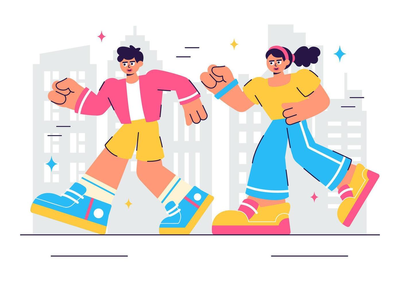 Leisurely Jogging and Running Scene with Smiling Characters in a Flat Background vector