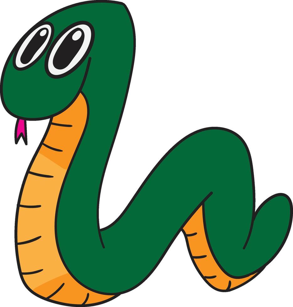 A cute green cartoon snake with a smiling face. vector