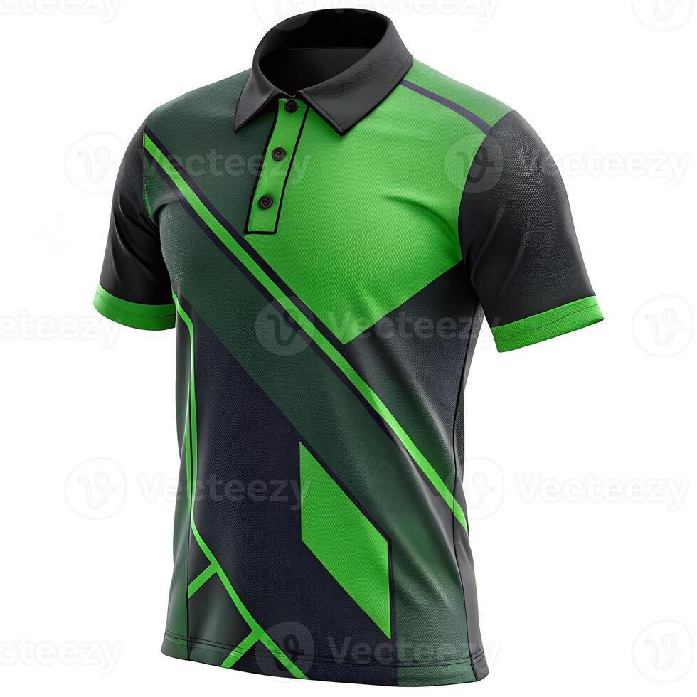 A green and black polo shirt with a black and white design photo