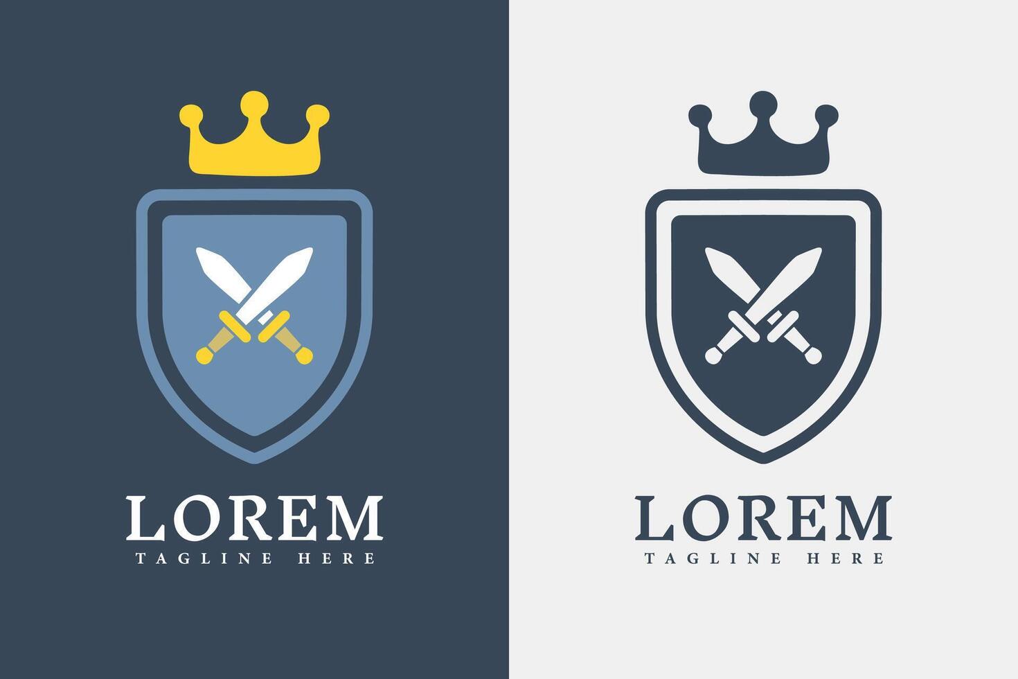 Two logo variations of a shield with crossed swords and crown. vector