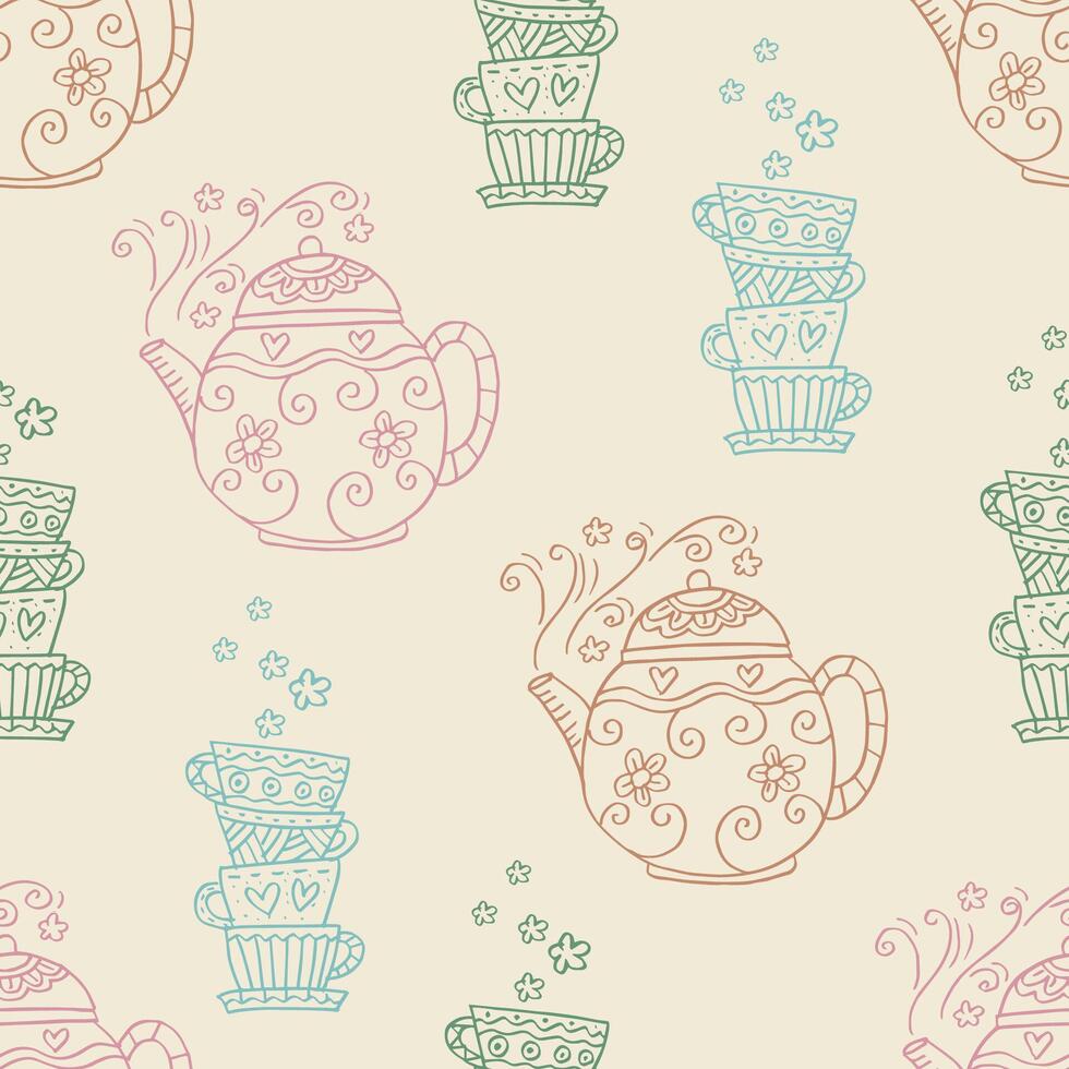 Seamless pattern with teapots and cups. vector