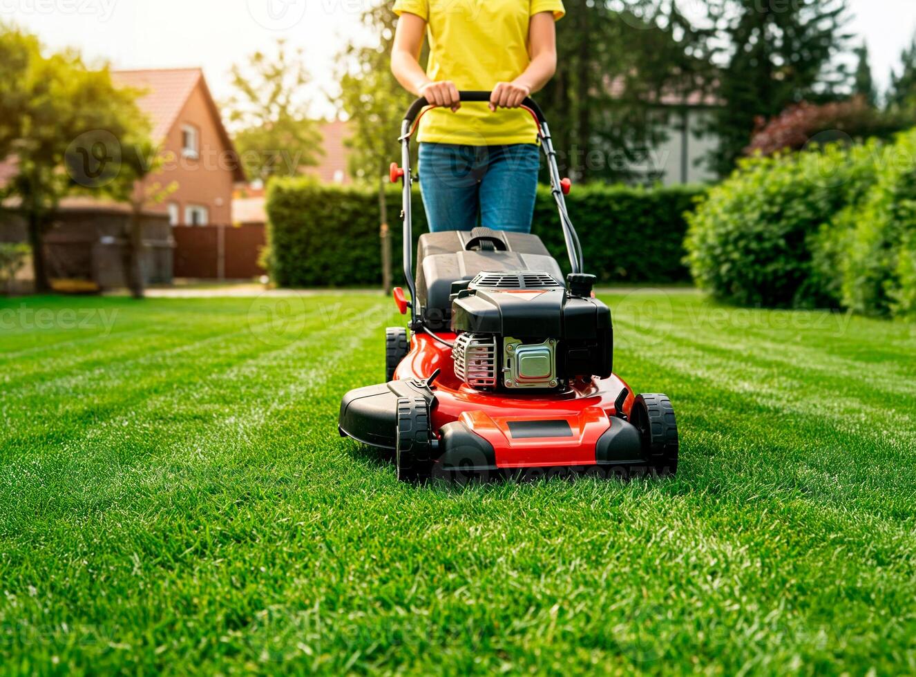 Low-angle view of a woman in a yellow t-shirt mowing the lawn in a lush garden in springtime photo