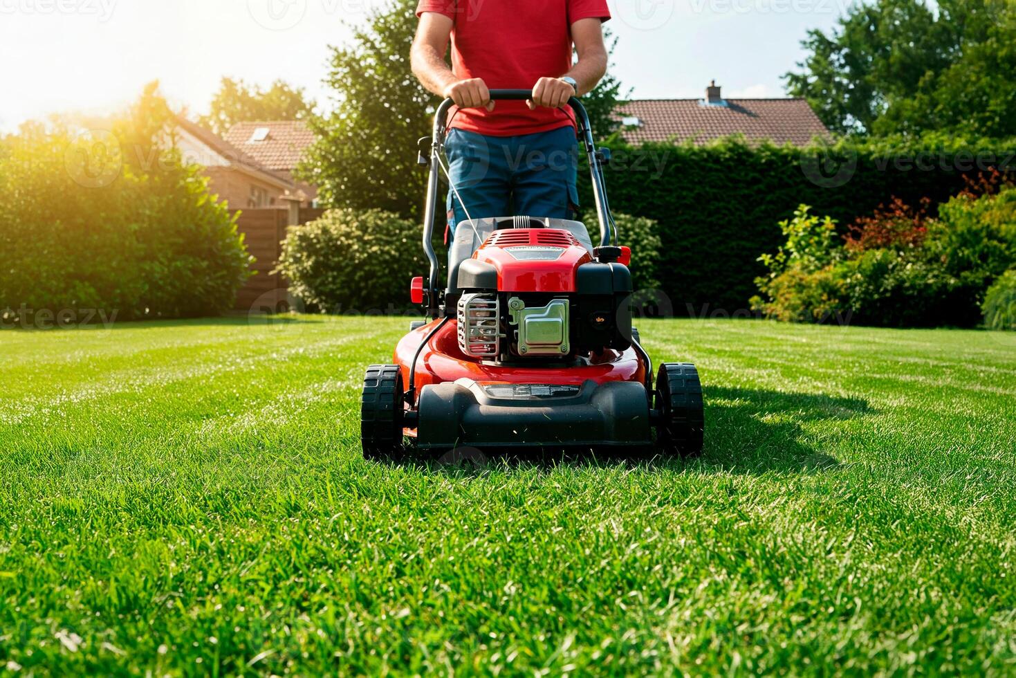 Low angle view of a gardener mowing the lawn in a sunny garden with a red lawnmower on springtime photo