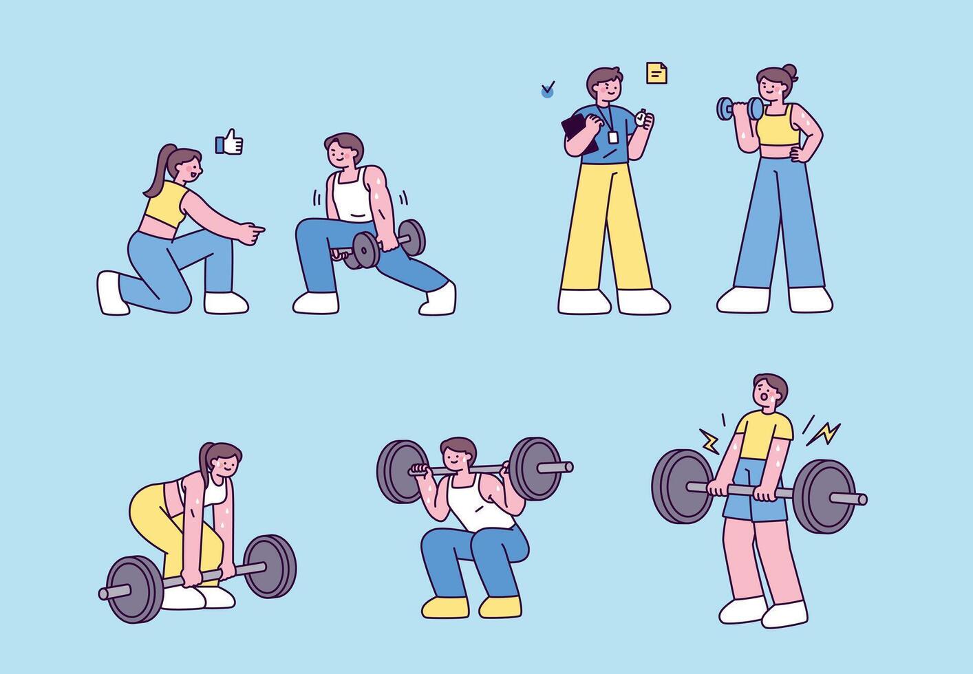Cute flat illustrations of people weight training with dumbbells and barbells at the gym, including personal trainer guidance. vector