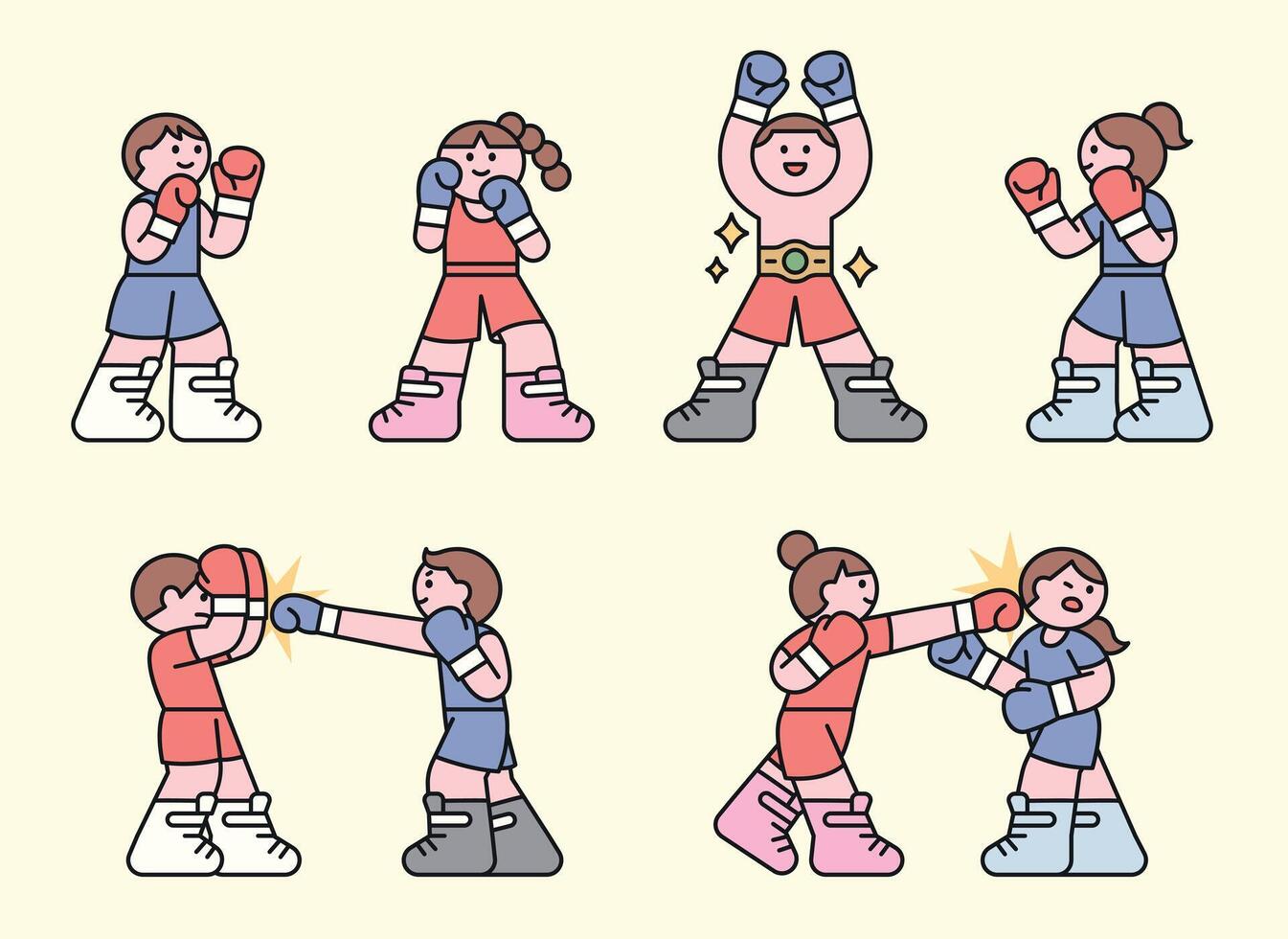 Cute boxing characters in action. Flat style illustration showing boxing match, punching scenes, and a champion moment. Sports and fitness concept. vector