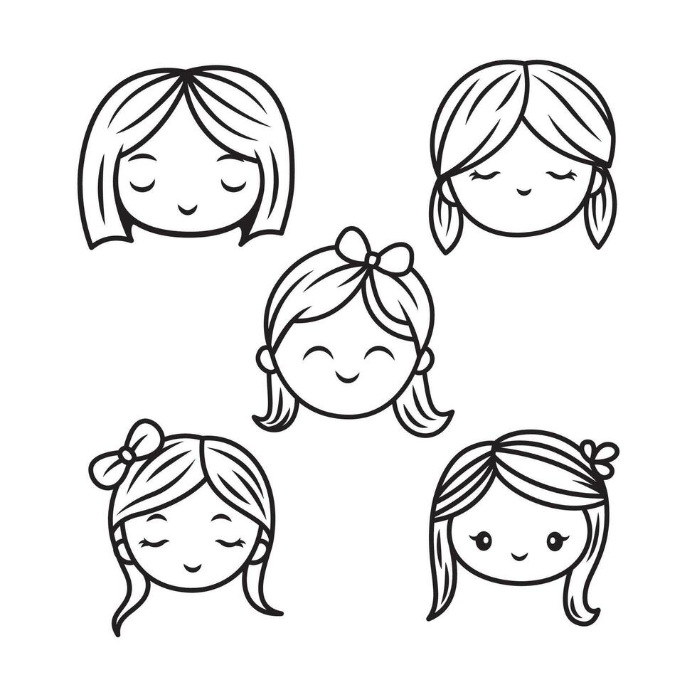 Set of Pretty People Girl Face Character with Coiffure Hairstyle Hair in Line Art Style vector