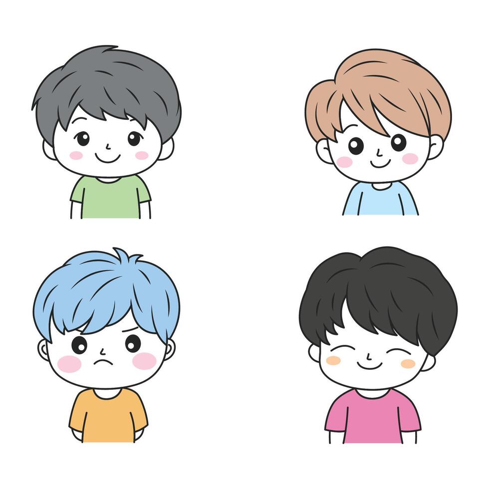 Set of Cute Little Boy Kid Anime Cartoon Character Wearing Casual Clothes with Mood Expression vector
