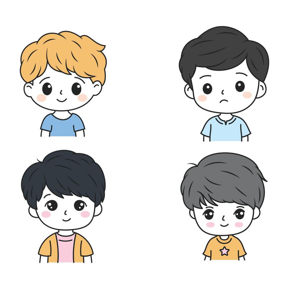 Set of Cute Little Boy Kid Child Cartoon Character Wearing Casual Clothes with Mood Expression vector