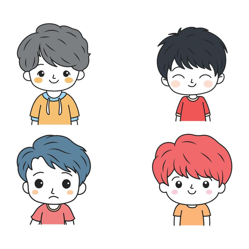 Set of Funny Little Boy Kid Cartoon Character Wearing Casual Clothes with Mood Expression vector