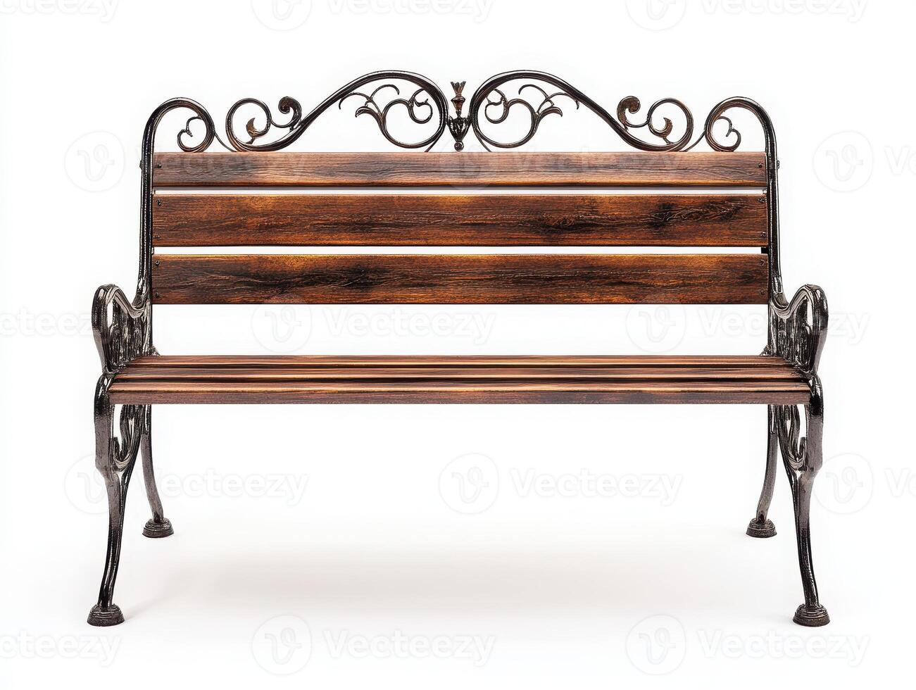 Vintage park bench,ornate metal frame isolated on white background photo