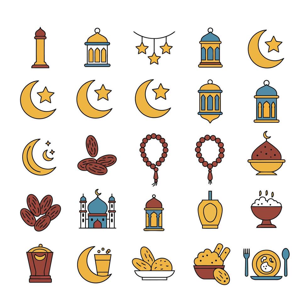 Ramadan Icons Crescent Moon, Stars, Lanterns, Dates, and More vector