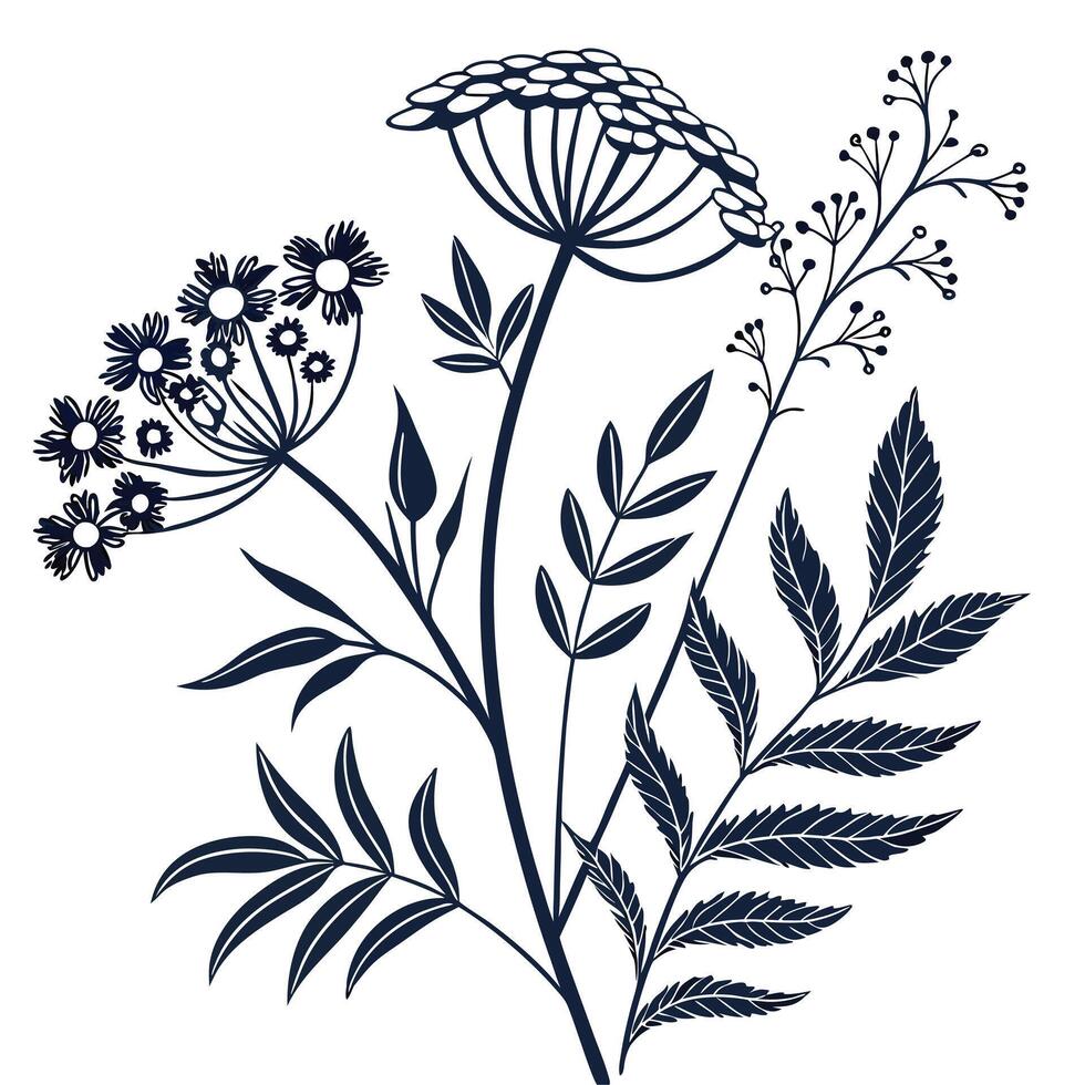 Hand Sketched Wildflower Pattern with Leaves in Black on White vector