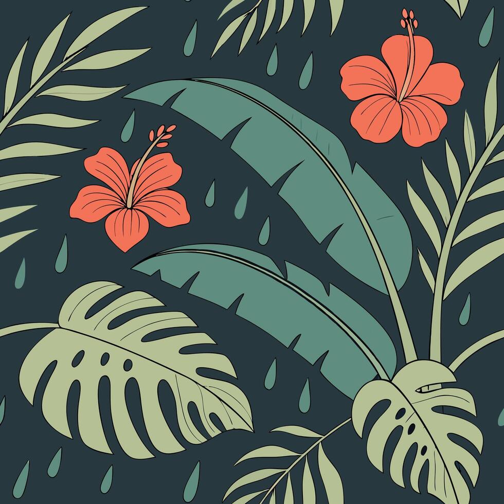 Seamless pattern with drenched tropical leaves, hibiscus, and banana plants under raindrops, dark lush jungle vibe vector