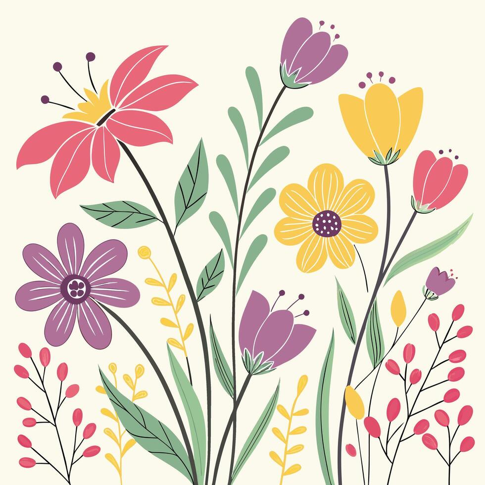 Seamless pattern of garden flowers and butterflies, vibrant spring vector
