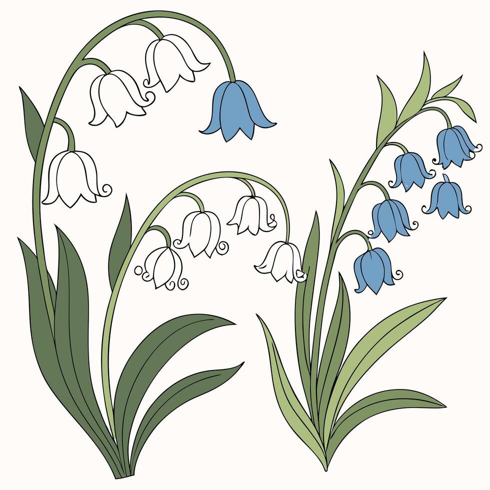 Seamless Floral Clusters with Green Tendrils and Bluebells vector