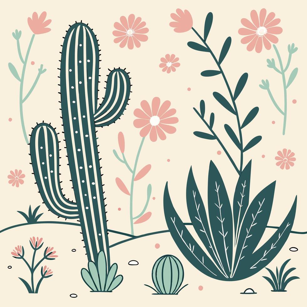 Seamless desert flora pattern with cacti, succulents, and small wildflowers, soft pastel background, vector