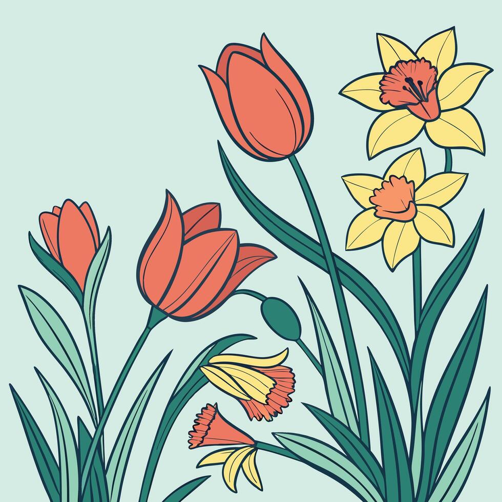 Hand-painted tulips and daffodils pattern, light sky blue background, joyful spring vector