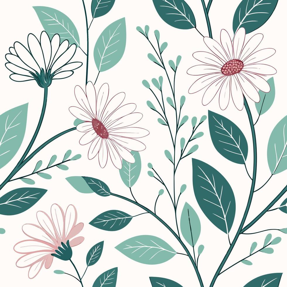 Seamless design with daisies and eucalyptus leaves, fresh spring feel vector