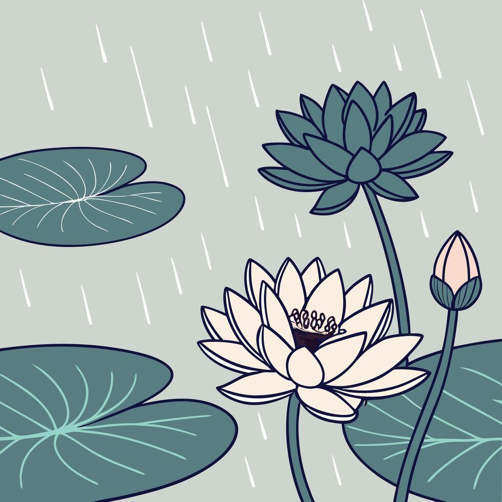Seamless pattern of blooming blue water lilies and lotus flowers floating on rainy puddles, soft ripple effect vector