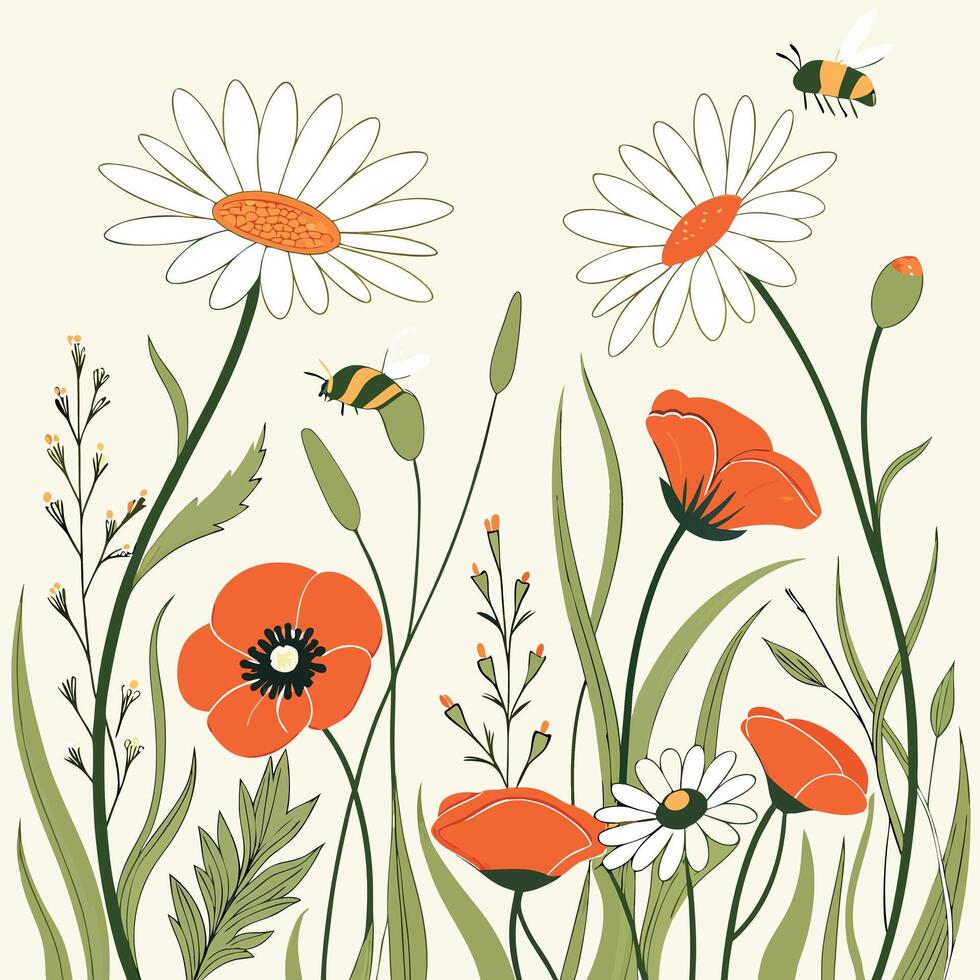 Blooming field pattern with daisies, poppies, and bees, seamless sunny meadow design vector