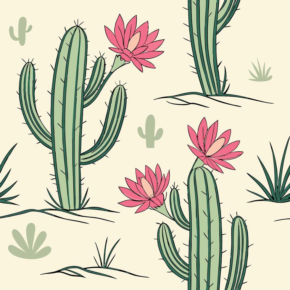 Seamless pattern of watercolor cacti with pink flowers, light sandy background, desert vector