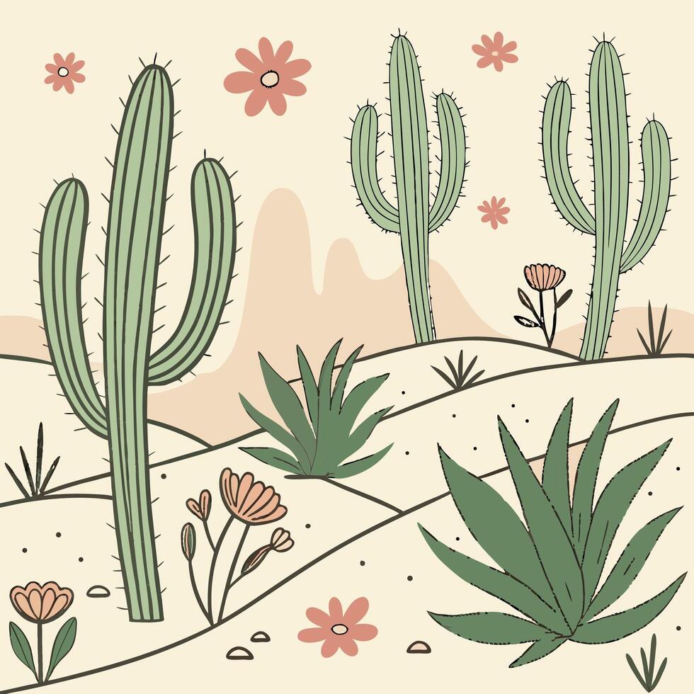 Seamless desert flora pattern with cacti, succulents, and small wildflowers, soft pastel background, cute aesthetic vector
