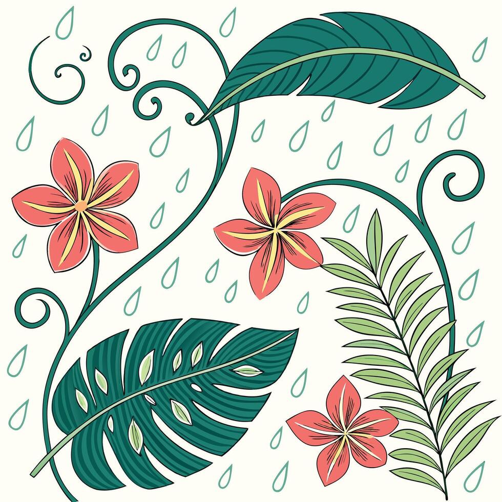 Pattern with lush vines and exotic blooms dripping water, glowing under soft stormy light vector